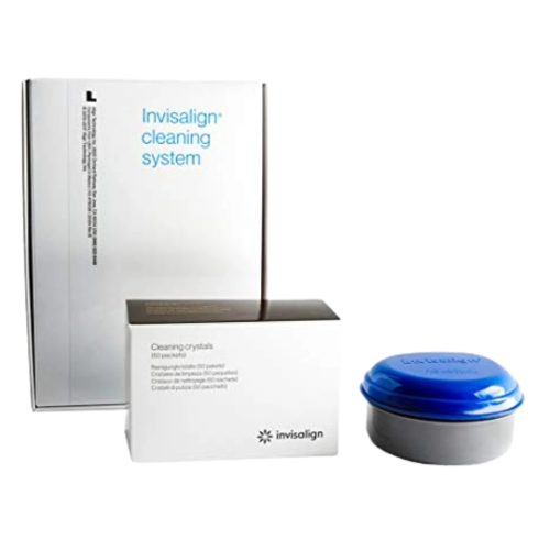 invisalign cleaning system box and crystals next to invisalign container case